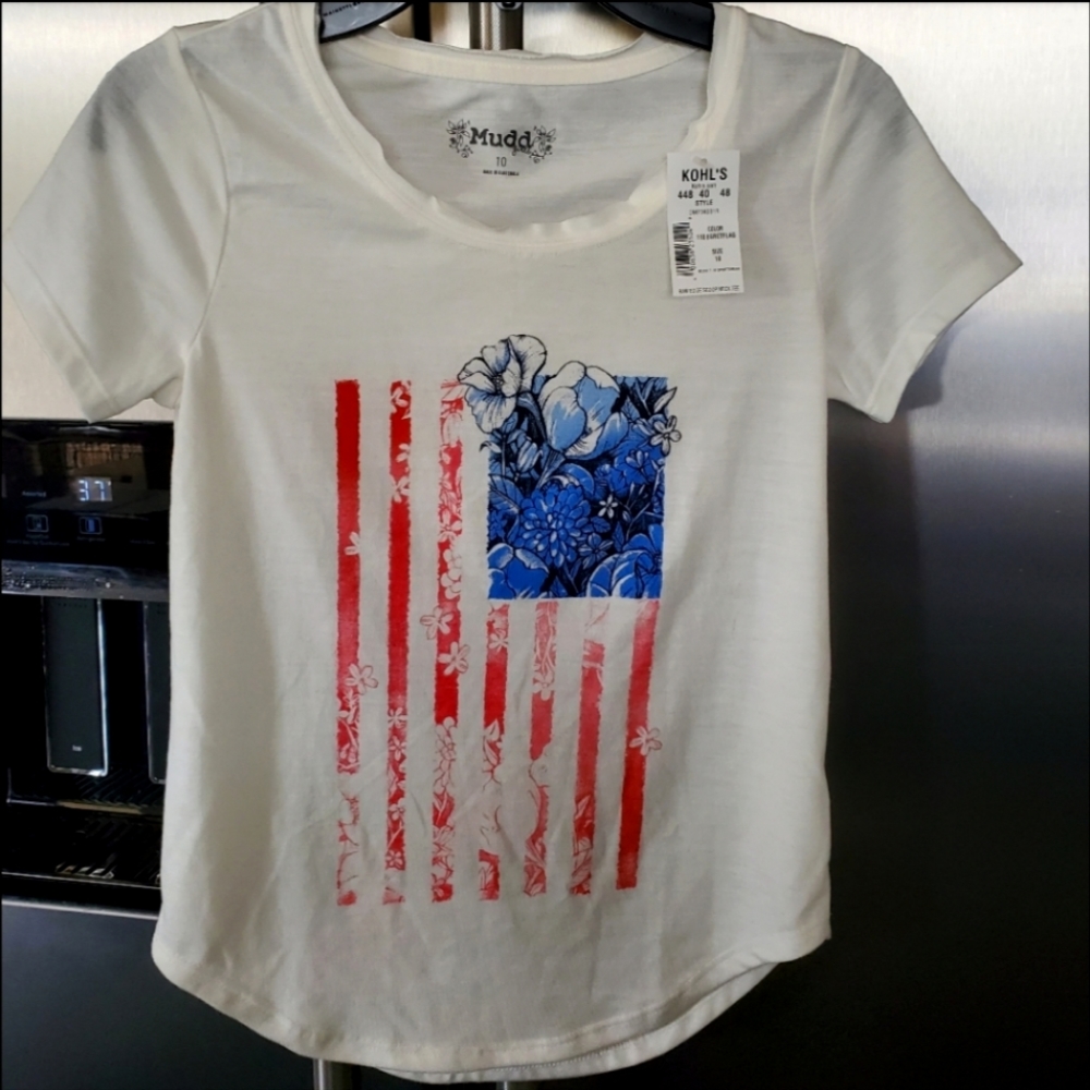 Mudd NWT Raw Edge Scoop Neck Tee Graphic Flag White T-Shirt Girl's Size 8-10